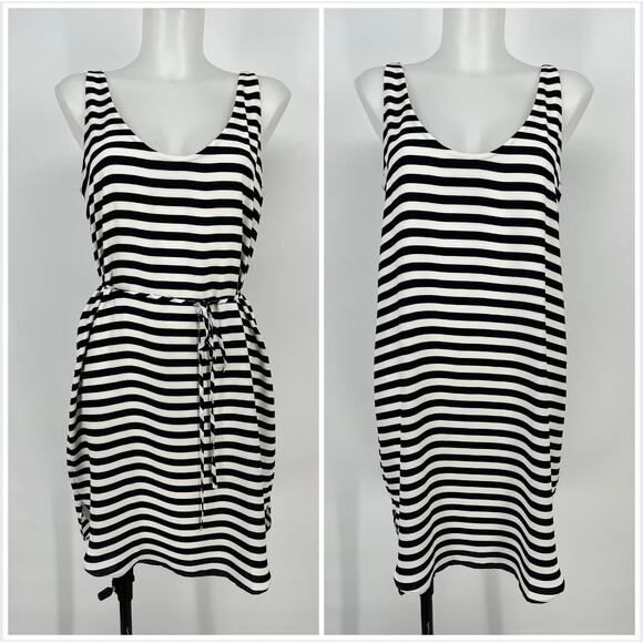Ann Taylor LOFT Striped Belted Shift Dress Medium Navy Blue White Sleeveless Mid - Picture 1 of 9